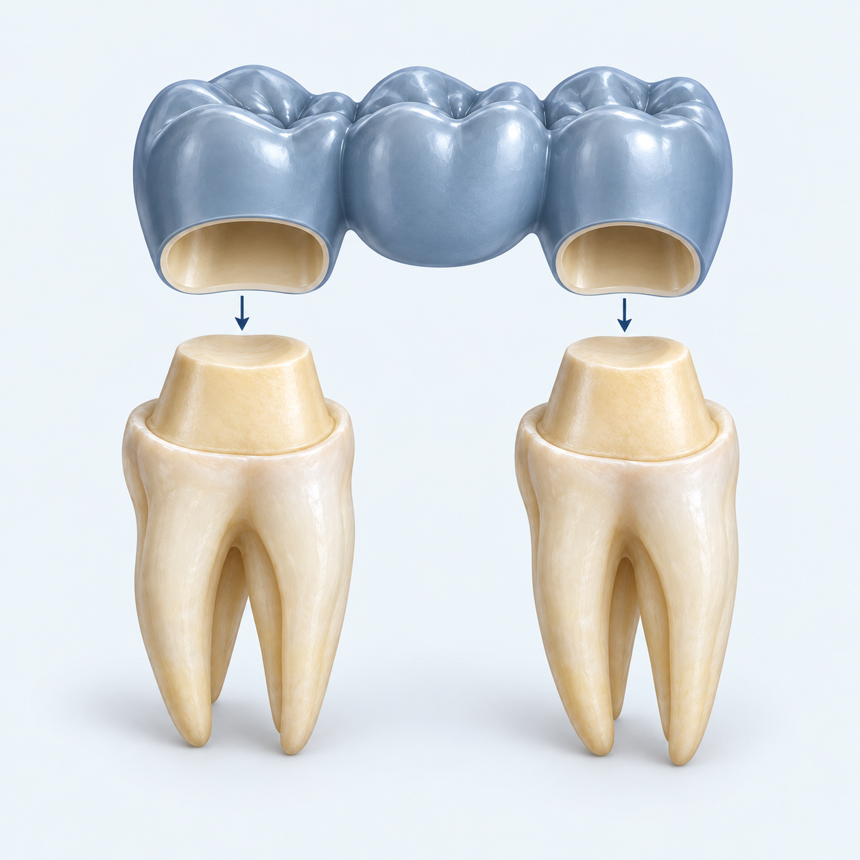 Schéma de principe : un bridge bleu de trois éléments au-dessus de deux dents naturelles préparées, avec un espace sans dent entre les deux appuis.