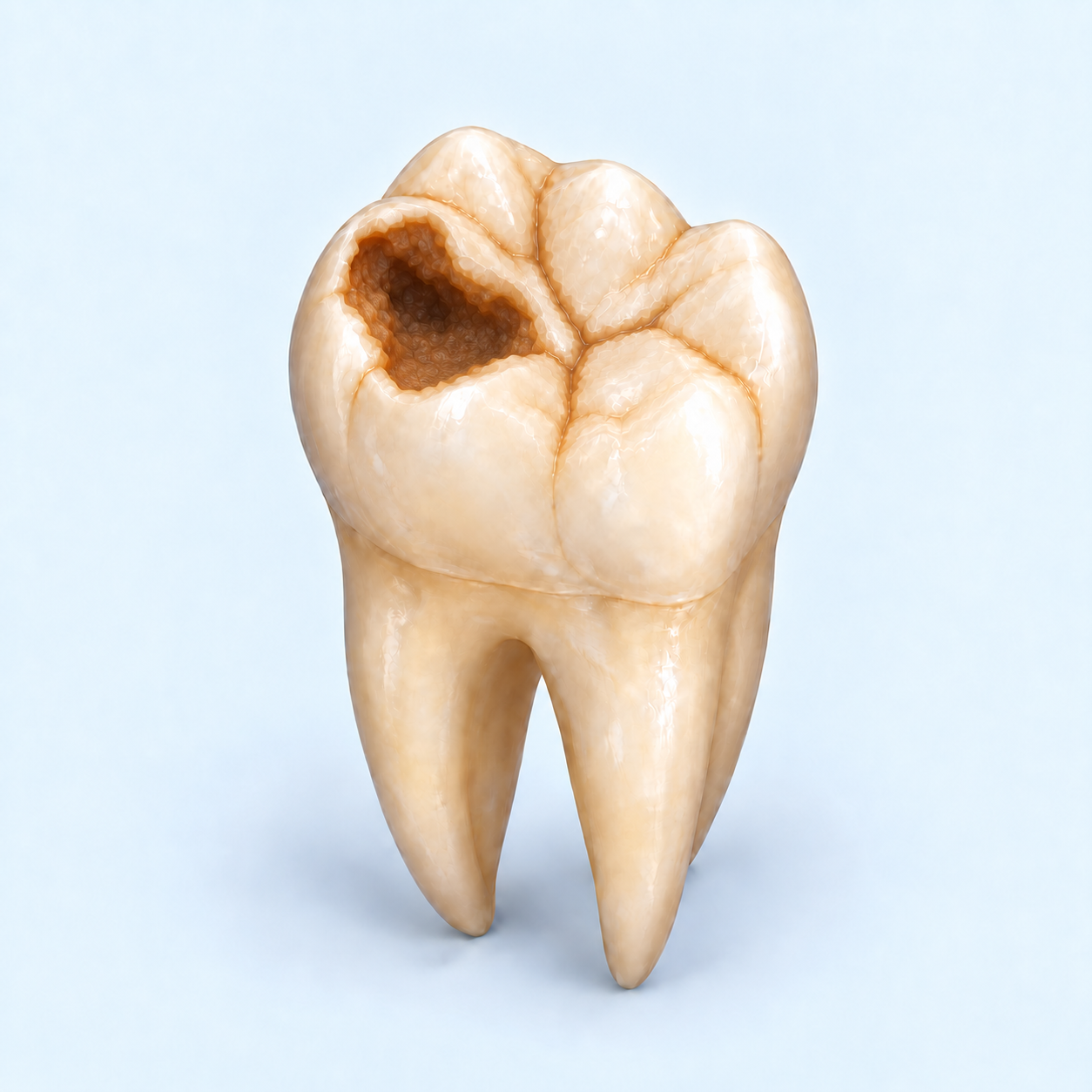 Schéma d’une molaire présentant une carie sur sa surface de mastication.