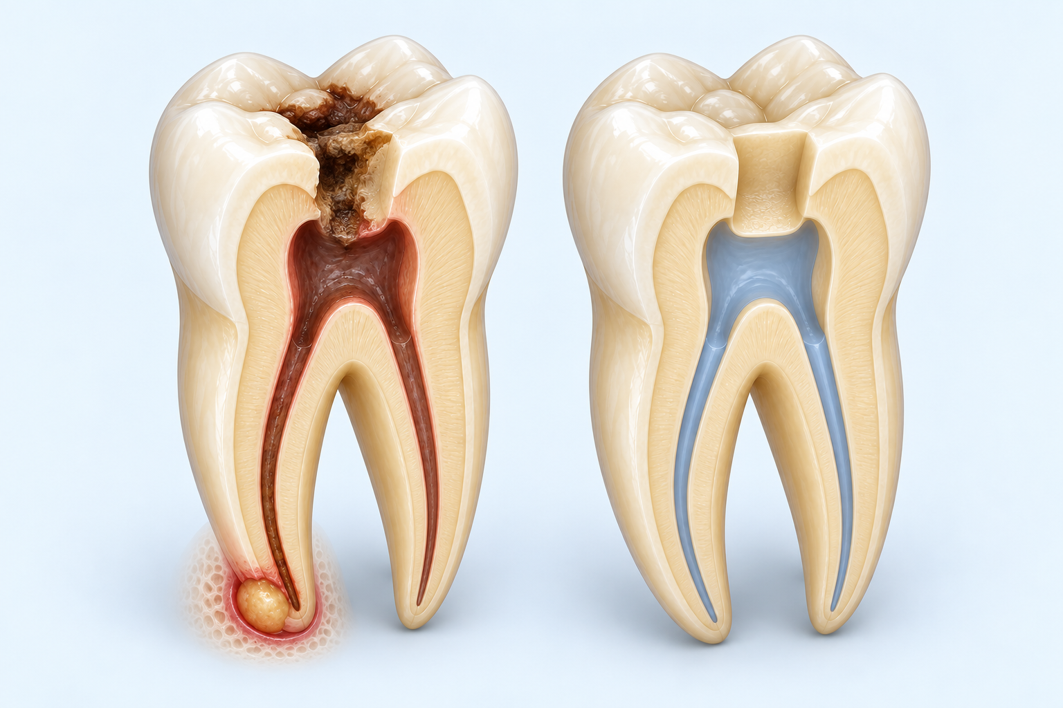 Deux dents en coupe : à gauche, une carie avec une infection des canaux et un abcès au bout d’une racine ; à droite, les canaux obturés sont représentés en bleu.