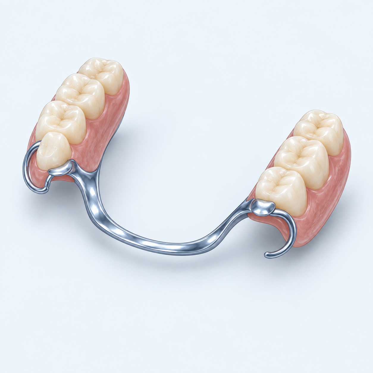 Illustration d’une prothèse amovible partielle métal-résine, avec un châssis métallique et des dents prothétiques.